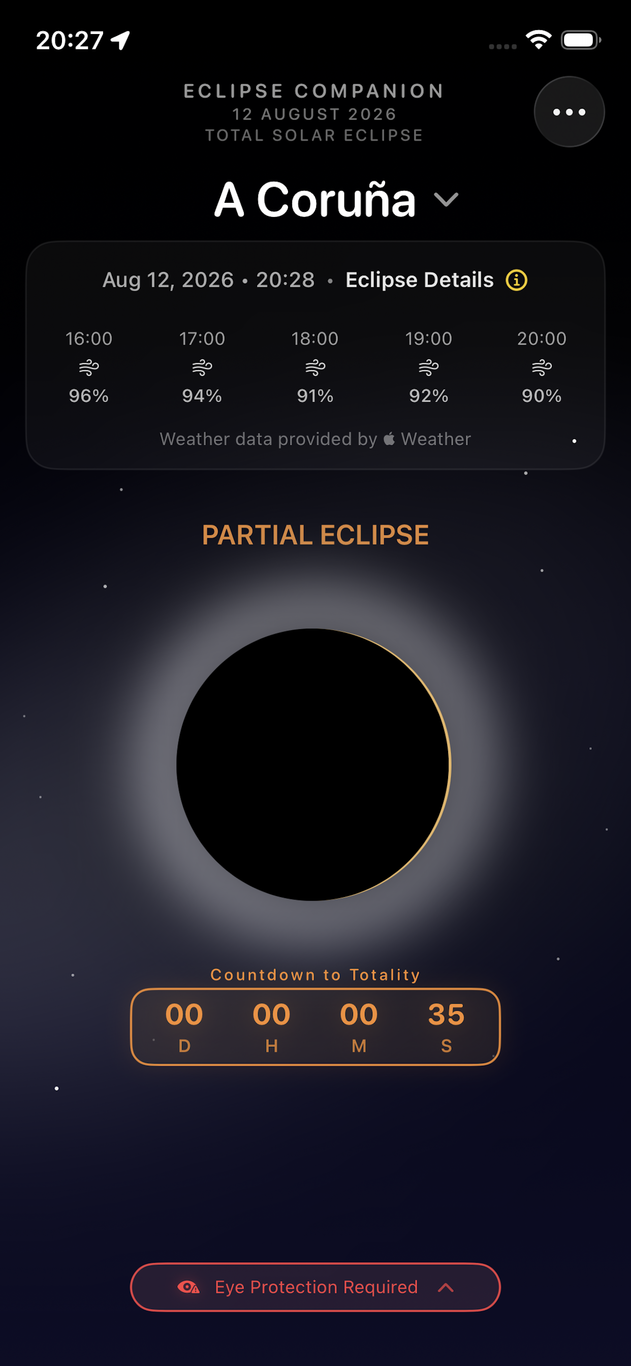 Eclipse preview screen showing the phase just before totality