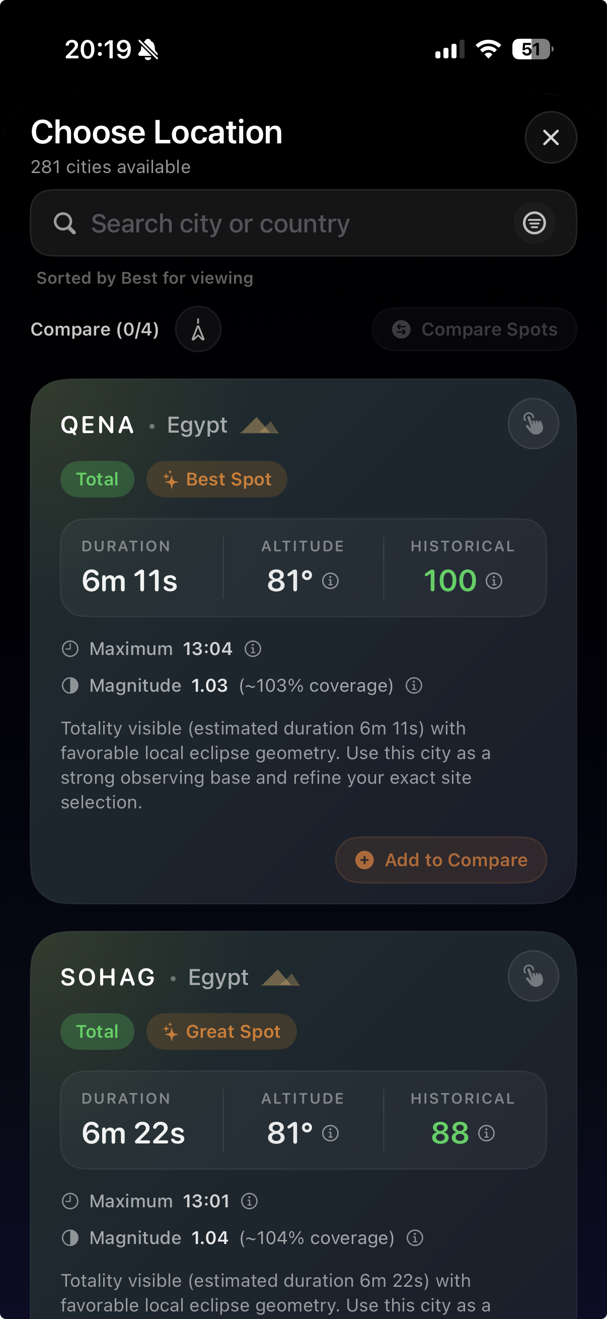 Viewing location selection screen with 2027 totality duration and historical viewing scores