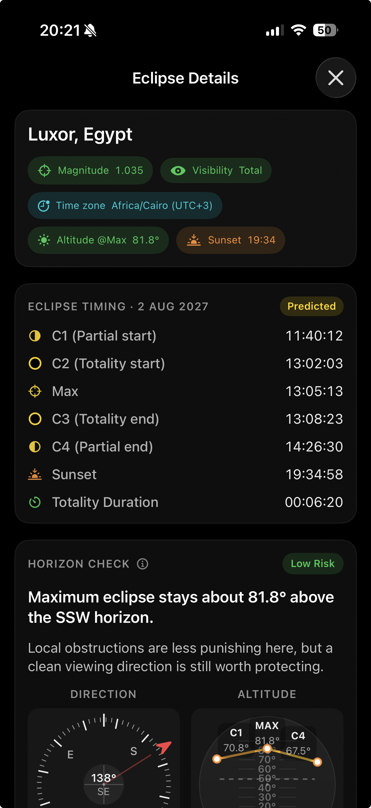 Eclipse Companion 2027 eclipse details screen for Luxor timing and totality guidance