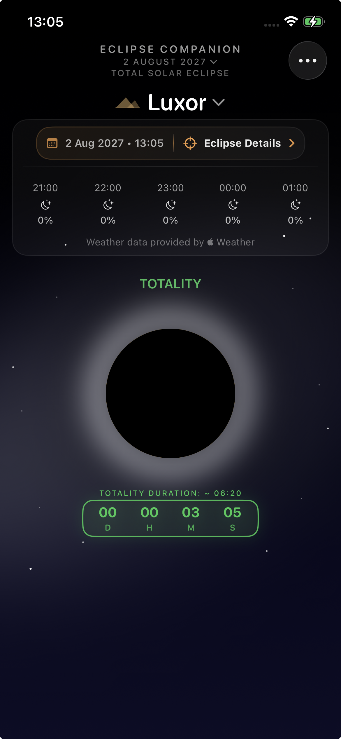 Eclipse Companion app screen for Luxor during totality on August 2, 2027