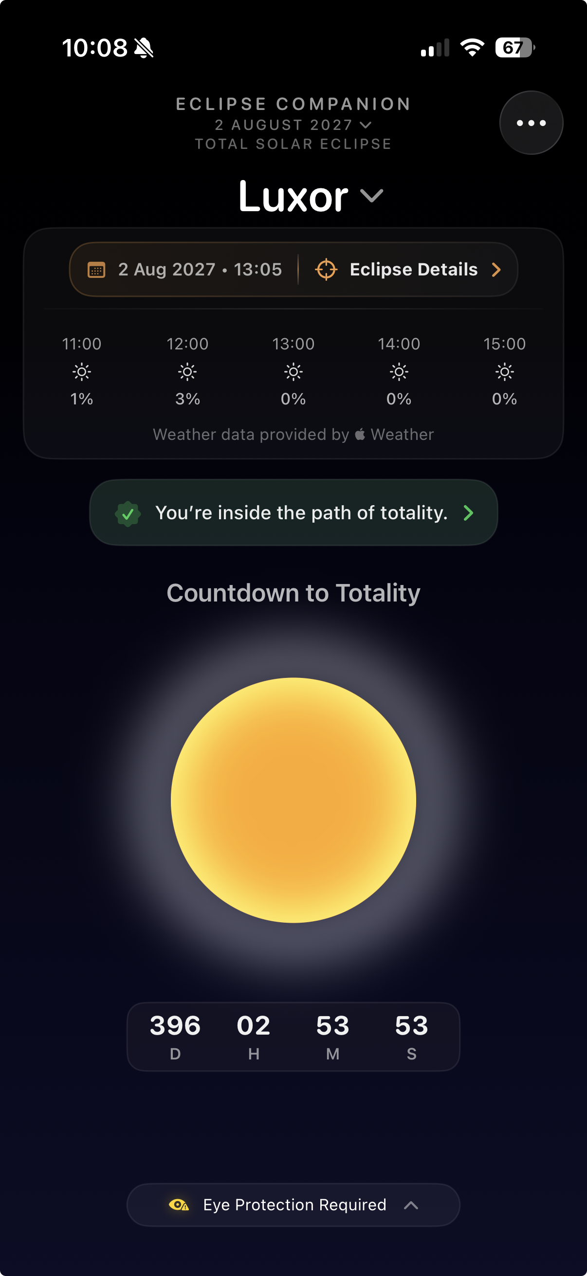 Eclipse Companion app countdown screen for the August 2, 2027 total solar eclipse in Luxor