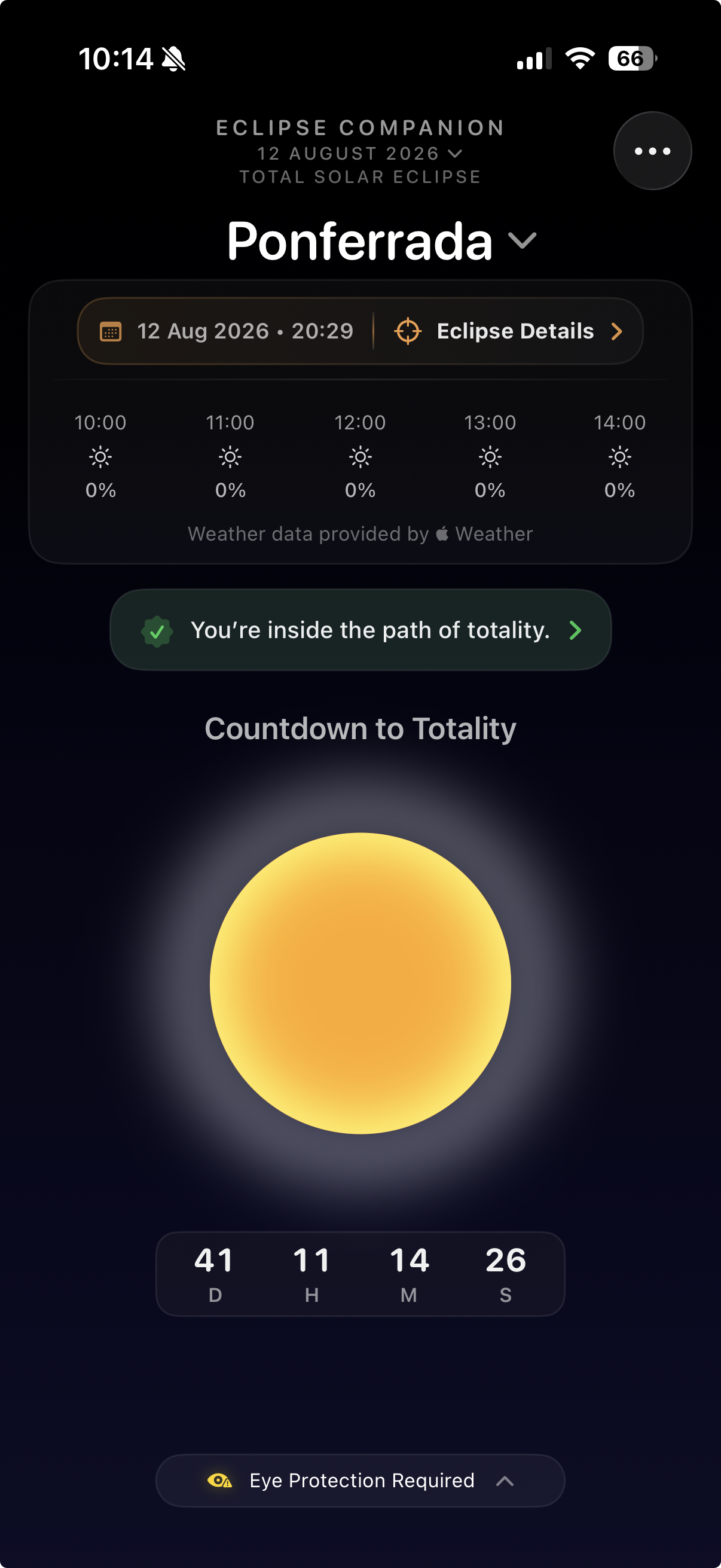 Eclipse Companion app screen for the August 12, 2026 total solar eclipse in Ponferrada
