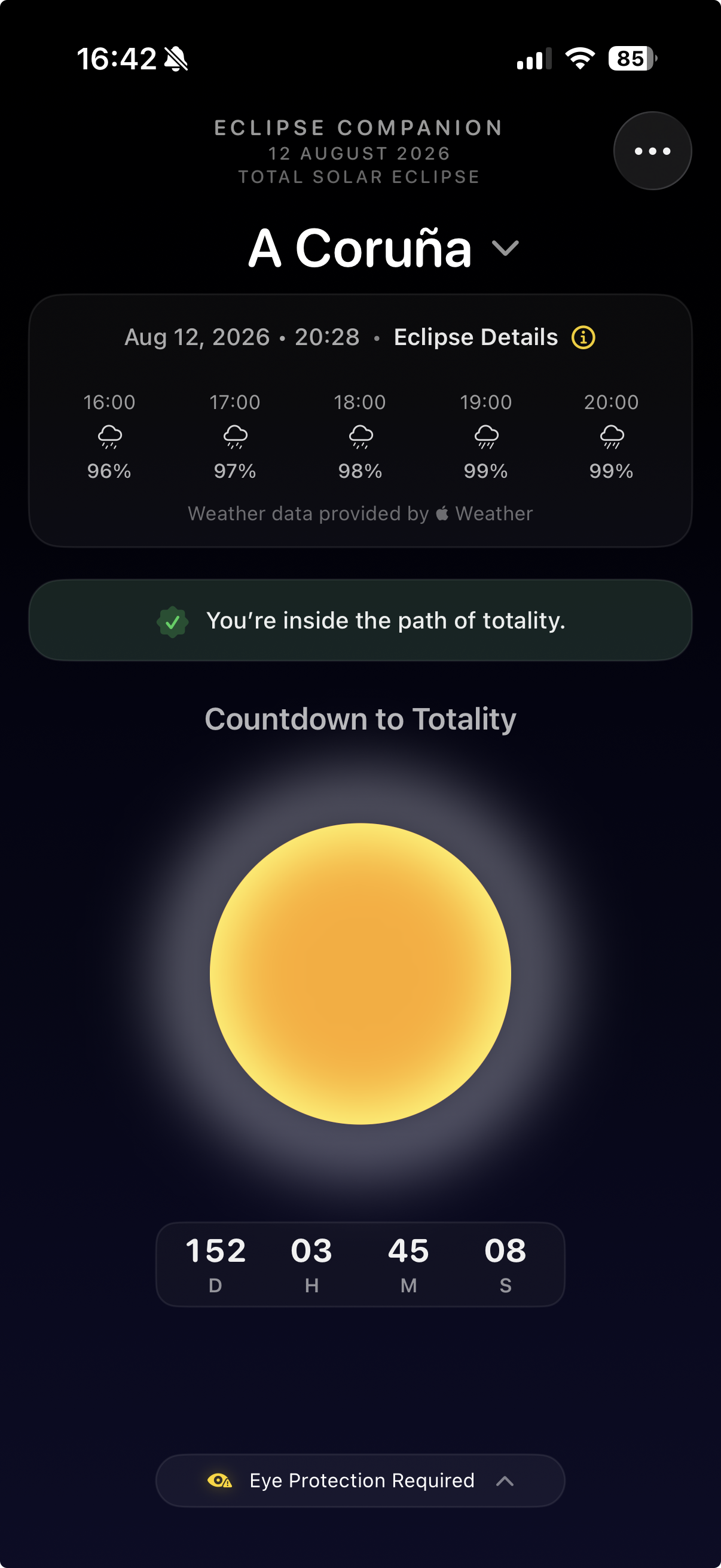 Eclipse Companion app screen showing countdown and eclipse timing details