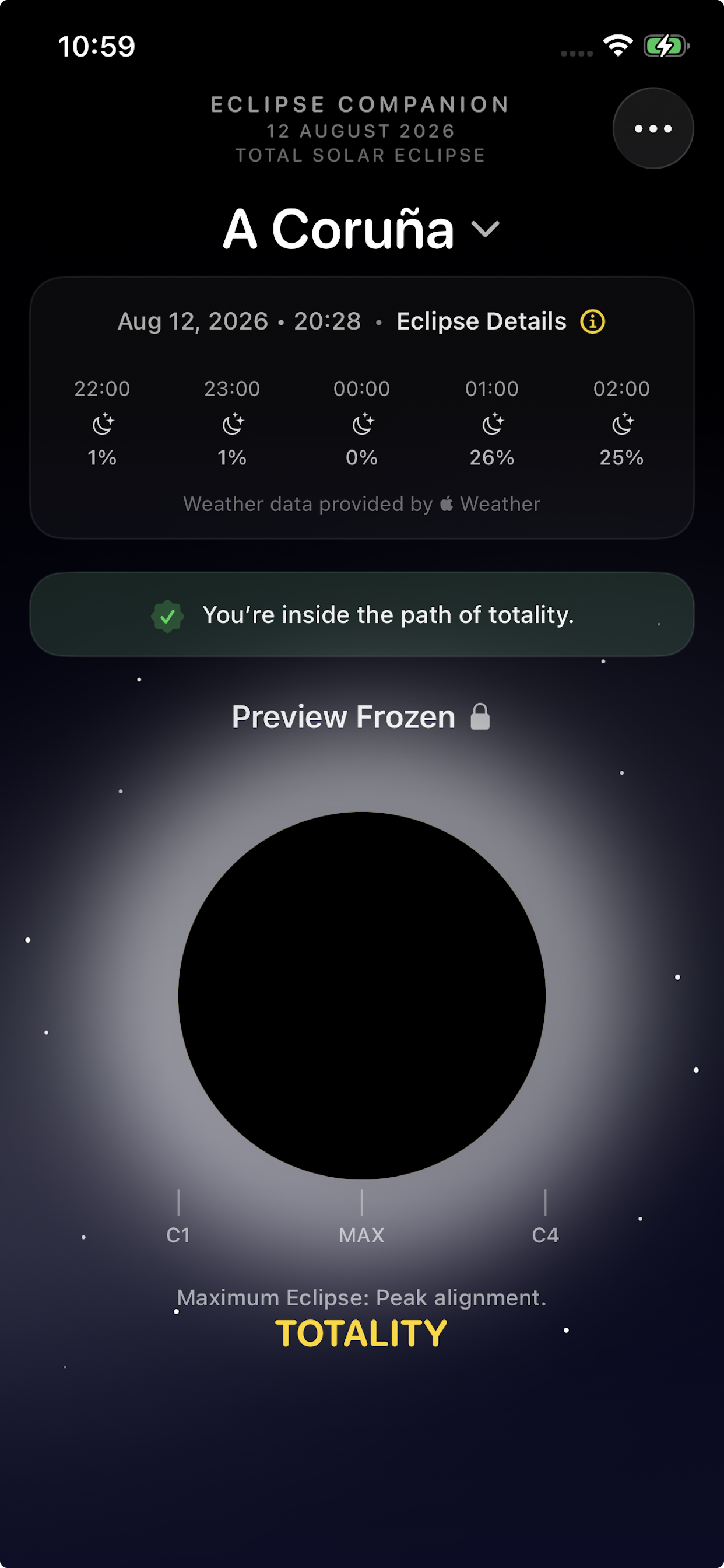 Main preview view with eclipse phase visualization and weather strip